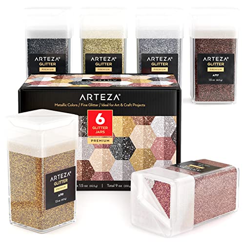 Arteza Fine Glitter, Set of 54 Colors, Shaker Jars (0.34oz/9.6 g) Glow  Under UV Black Light, Extra Fine, Art Supplies for DIY Crafts