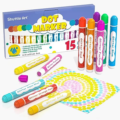Shuttle Art Shimmer Dot Markers, 15 Glitter Colors Washable Markers for Toddlers,Bingo Daubers Supplies Kids Preschool Children, Non Toxic Shuttle Art