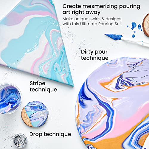 Arteza Acrylic Pouring Paint Kit, 14 Glossy Colors — 8 Pastel & Bright, 3 Iridescent, 3 Metallic, 2 x Stretched Canvas, 2 Wooden Slices, Glitter, and ARTEZA