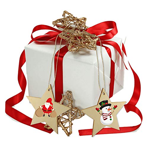 obmwang 50 Pieces Natural Wooden Star Cutouts Unfinished Predrilled Wooden Star Embellishments with Natural Twine for Christmas, DIY Craft, Party obmwang