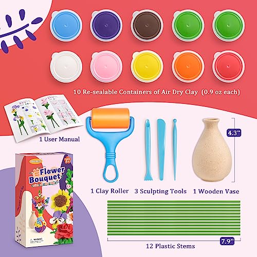 Drama Planet Flower Craft Kit for Kids, Make Your Own Flower Bouquet with Air Dry Clay, Arrange Clay Flowers & Create Personalized Art, Great Gifts Drama Planet