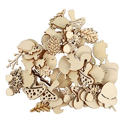 NUOBESTY 50pcs Unfinished Wooden Cutouts Pieces Blank Wood Slice Pieces Wooden Animals and Plants Pieces Cutouts Craft Embellishments for DIY Art NUOBESTY