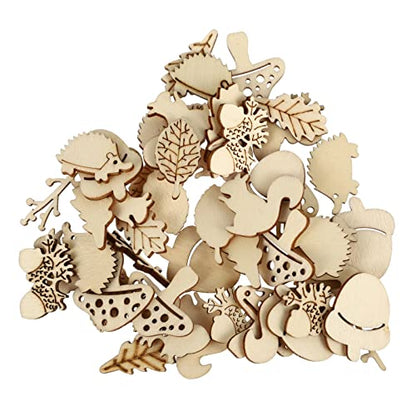 NUOBESTY 50pcs Unfinished Wooden Cutouts Pieces Blank Wood Slice Pieces Wooden Animals and Plants Pieces Cutouts Craft Embellishments for DIY Art