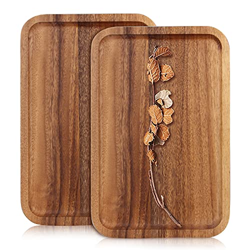 2 Pcs Acacia Wooden Serving Platter for Party Rectangle Food Dishes Trays Decorative Wood Plates Rectangular Snack Platter Fruit Tray for Decor Ayiaren