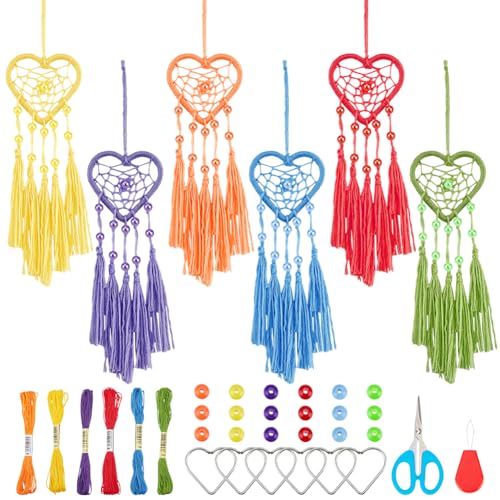INFUNLY 6 Set DIY Small Dream Catcher Kit Rainbow Heart Dream Catchers DIY Heart Macrame Craft Kit for Hanging Decor Boho Home Charms with INFUNLY
