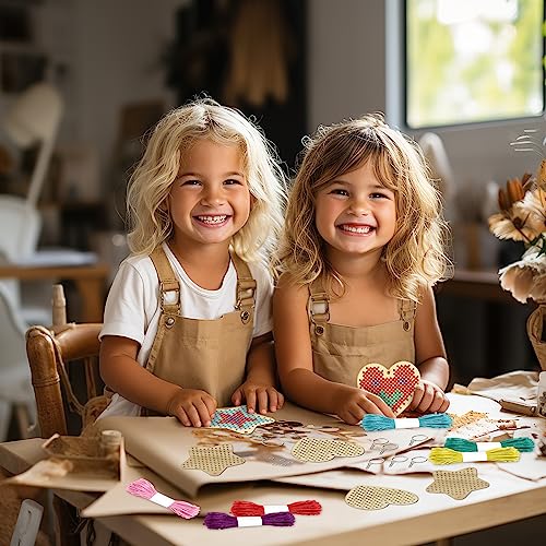 VKPI Wooden Cross Stitch Kits for Kids, Make Your Own 6 Cross Stitching Keyrings, Wood Sewing Kit, Arts & Crafts Stars, Hearts Ornaments, Plastic VKPI