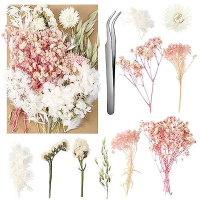 Real Dried Flowers, Natural Dry Flowers Mixed Natural Pressed Flowers Flores Secas Dried Florals for Crafts,Resin,Candle Making (Pink and White)