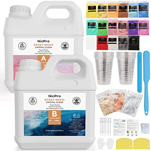 Nicpro 72OZ Crystal Clear Epoxy Resin Kit, Casting and Coating Resin Supplies for Craft Tabletop, Jewelry Making, Molds, Art Painting with 16 Mica Nicpro