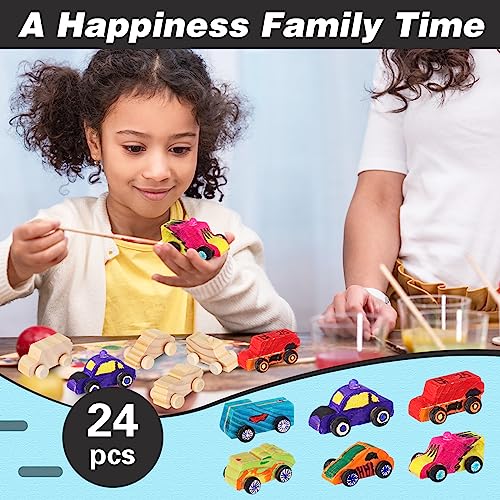 Lenwen 24 Pcs Wood DIY Car Toys for Party Unfinished Wooden Cars, Wooden Toy Cars Wooden Crafts with 12 Color Acrylic Paint for Students Girls Boys Lenwen