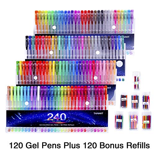 Gel Pens,Tanmit Gel Pens Set, 120 Colored Gel Pen plus 120 Refills for Adults Coloring Books, Drawing, Art Projects (No Duplicates) TANMIT