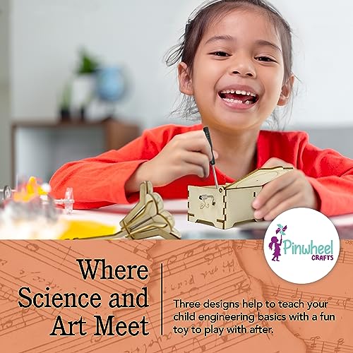 DIY Music Box Craft Kit for Kids - Wooden Construction Science Set | Build Music, Carousel, Gramophone & More | 3-in-1 STEM Building Kit | Includes Pinwheel Crafts