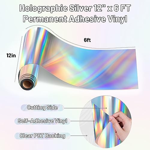 JAVIGA Holographic Silver Permanent Vinyl, 12" x 6FT Adhesive Vinyl Roll for All Cutting Machine, Cricut, Silhouette, Cameo Cutters, Home Outdoor JAVIGA