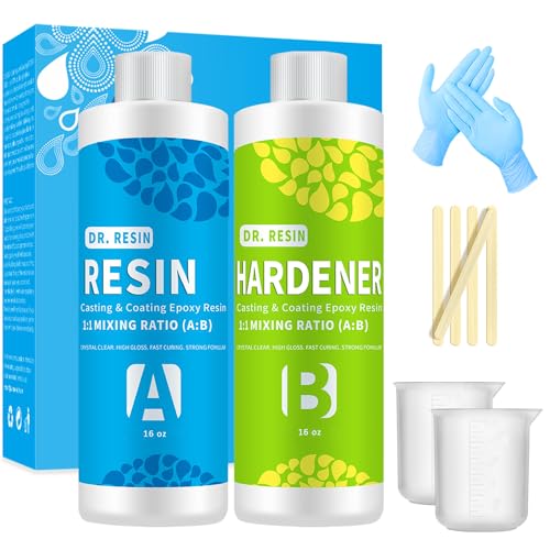 DR. RESIN Clear Epoxy Resin Kit 2 Part Art Resin 32 oz Crystal Countertop Epoxy Kit with Measuring Cups Sticks Spreader Gloves DR. RESIN