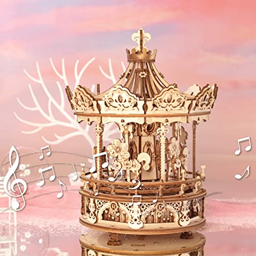 ROKR 3D Wooden Puzzles for Adults Mechanical Music Box Romantic Carousel, DIY Music Box Model Building Kits for Teens, DIY Crafts/Hobbies/Gifts Desk ROKR