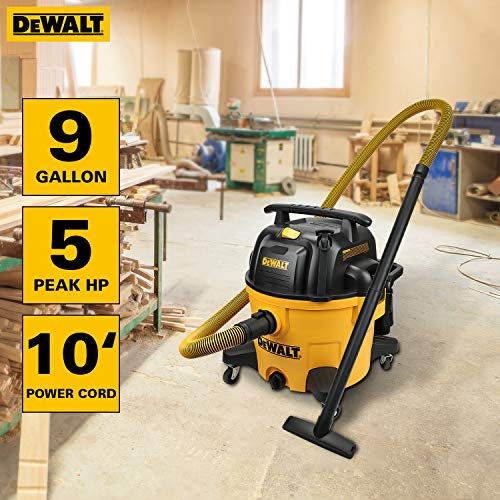 DEWALT 9 Gallon Wet/Dry VAC, Heavy-Duty Shop Vacuum with Attachments, 5 Peak HP, with Blower Function, DXV09PA, Yellow DEWALT