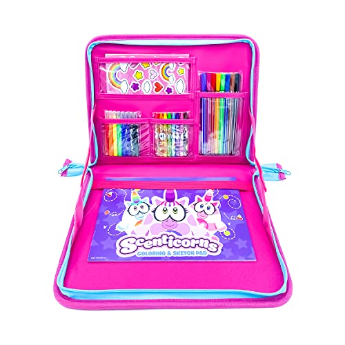 Kids Drawing Kit, Scenticorns Travel Activity Set, Children's Lap Desk to Go Coloring Kit - Scented Markers, Crayons, Stickers, Sketch Pad - Travel
