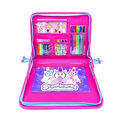 Kids Drawing Kit, Scenticorns Travel Activity Set, Children's Lap Desk to go Coloring Kit - Scented Markers, Crayons, Stickers, Sketch Pad - Travel