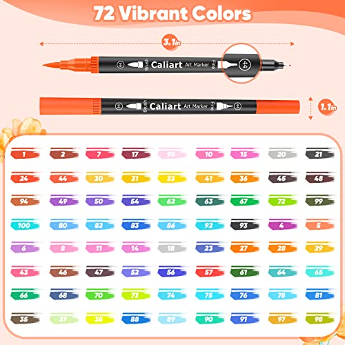 Caliart 72 Dual-Tip Brush Markers Set, Multicolor, 144 Nibs, Easy to Use, Safe, Non-Toxic Caliart