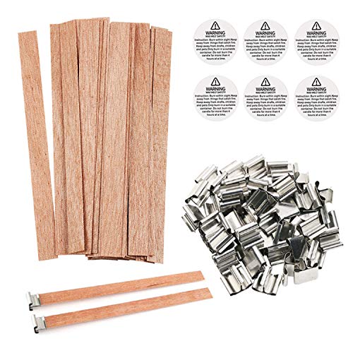 154Pcs Wood Candle Wicks, BENBO 5.1 X 0.5 Inch Smokeless Crackling Wooden Candle Wicks Natural Candle Wicks with Iron Stand Candle Warning Labels for BENBO