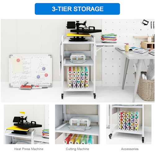 PUNCIA 3 Tier Movable Heat Press Table Foldable Heat Transfer Machine Stand Heavy Duty Rolling Workbench with Folding Table for DIY Sublimation PUNCIA