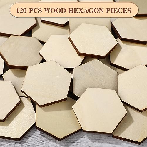 120 Pcs Unfinished Wood Hexagon Pieces 1/5" Thick Wooden Hexagon Cutouts Blank Wood Hexagon Slices Wooden Chips Embellishments for DIY Crafts AWIZOM
