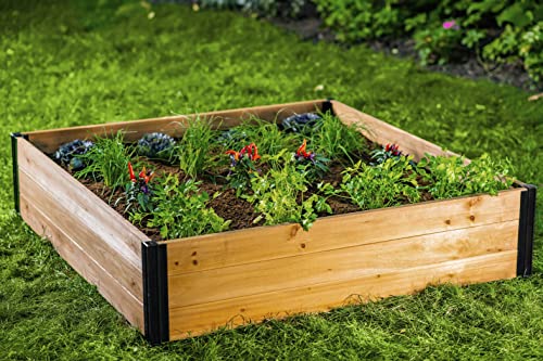 Vita Mezza 4 Foot x 4 Foot x 11 inch Cedar Wood Modular Garden Bed with Black Aluminum Posts, FSC, Woodgrain, Golden Brown, Pre-Stained, VT17703 Vita