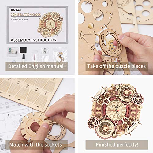 ROKR 3D Wooden Puzzle Clock Model 12"– DIY 168 PCS Mechanical Model Kit Toys Home Decor Elegant Gifts for Teens/Adults ROKR