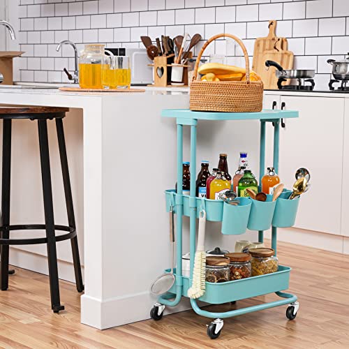 Asunflower 3 Tier Rolling Cart with Table Top, Utility Cart with Wheels, Multi-functional Storage Cart for Teal asunflower
