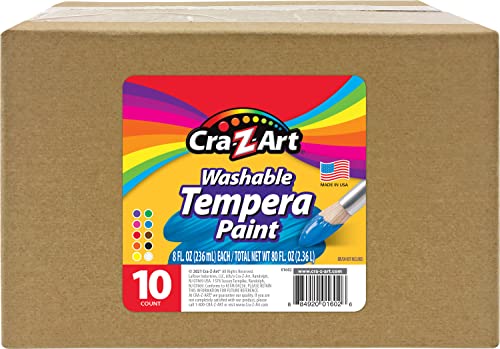 Cra-Z-Art Washable Tempera Paint Bulk Pack 10ct, Assorted Colors 8oz each bottle Cra-Z-Art