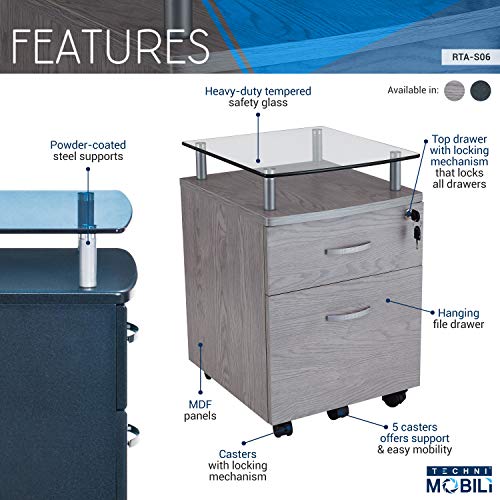 Techni Mobili Rolling File Cabinet with Glass Top, Graphite Techni Mobili