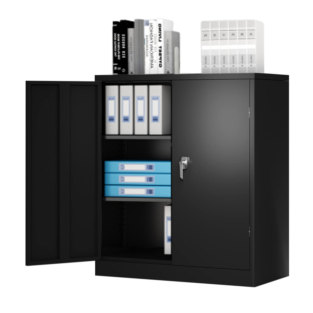 Metal Storage Cabinet with Doors and Shelves, Black Garage Cabinets, Steel Locking Storage Cabinet for Home Office Warehouse, 42”H×36”W×18”D Zacis