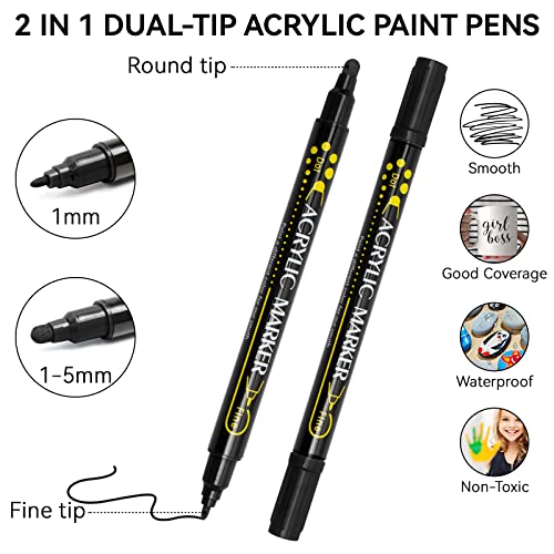 Tesquio Paint Marker, Dual Tip Acrylic Paint Pens, 8 Pack Black & White Paint Pens Ideal for Wood, Rock Painting, Canvas, Stone, Glass, Ceramic Tesquio