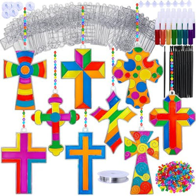 Winlyn 27 Sets Cross Suncatchers Ornaments Decorations DIY Window Paint Art Suncatchers Cross Craft Kits Cross Sun Catchers for Kids Sunday School