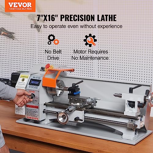VEVOR Mini Metal Lathe Machine, 7'' x 16'', 800W Precision Benchtop Power Metal Lathe, 150-2500 RPM Continuously Variable Speed, with 3.9'' 3-jaw VEVOR