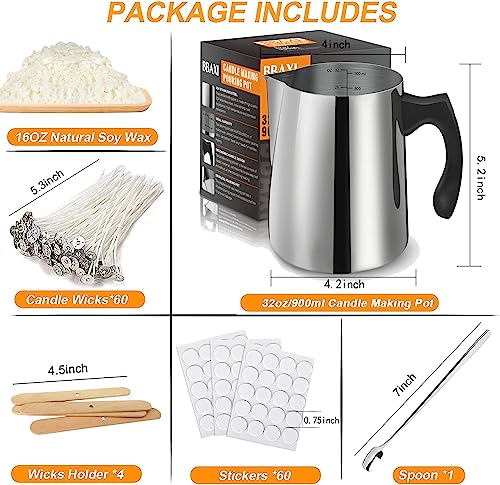 BBAXI Candle Making Kit, Including 32oz/900ml Candle Making Pouring Pot, 16oz Natural Soy Wax, 4Pcs Wooden Candle Wicks Holder, 60Pcs Candle Wicks, BBAXI