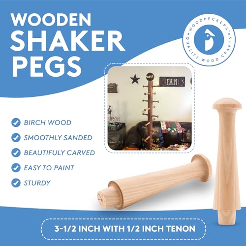 Shaker Pegs 3-1/2 Inch with 1/2 Inch Tenon, Bag of 35 Unfinished Wooden Shaker Peg Hooks, Smooth, Strong and Ready to Paint, DIY (3-1/2 Inches x 1/2 Woodpeckers