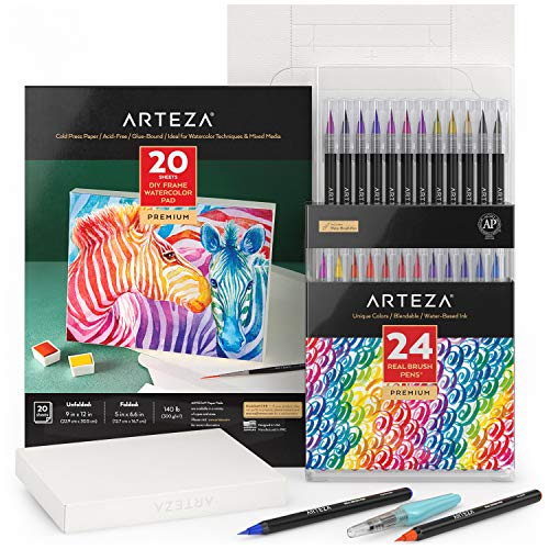 Arteza Metallic Acrylic Painting Art Set, 12 Colors Acrylic Paint, 15 Detail Brushes and 7X8.6 Inches Foldable Canvas Paper Pad Bundle, Art Supplies