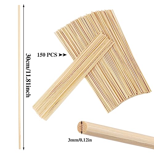 150 Pcs Dowel Rods, 1/8 x 12 Inch Wooden Dowels Craft Wood Sticks Unfinished Natural Bamboo Dowling Rods for Crafts and DIYers WSICSE