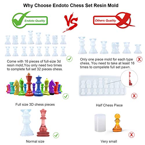 Endoto Resin Chess Pieces Mold Set, 16 Pieces Full Size 3D Silicone Chess Molds Kit for Epoxy Resin Casting, Family Party Board Games and Home Endoto
