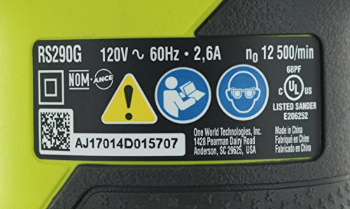 Ryobi RS290G 2.6 Amp 12,500 OPM Single Speed 5 Inch Hook and Loop Corded Random Orbit Sander w/ 3 Pads and Dust Bag Ryobi