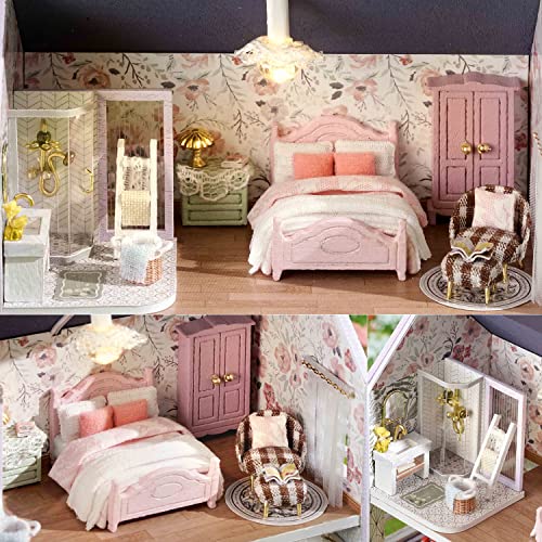 TuKIIE DIY Miniature Dollhouse Kit with Furniture, 1:32 Scale Creative Room Opened & Closed Mini Wooden Doll House for Kids Teens Adults(Happy House) TuKIIE