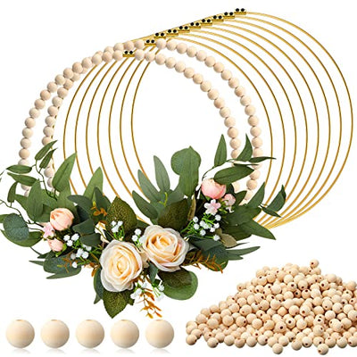 Huquary 10 Sets Wood Beads Wreath Wooden Hoops for Crafts Metal Rings for Crafts 10 Pcs 12 Inch Metal Floral Hoop Ring with 800 Pcs Wooden Beads for