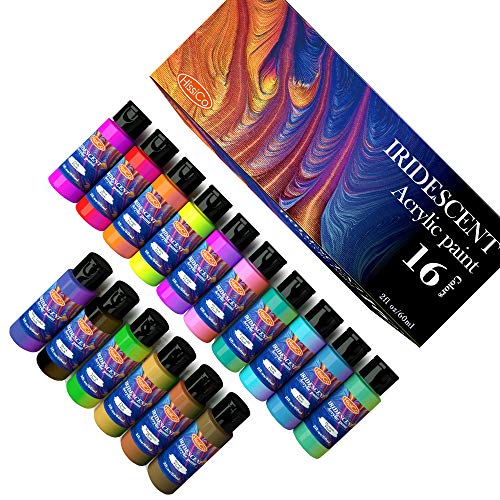 Iridescent Acrylic Paint, Set of 16 Chameleon Colors 60ml 2 OZ Bottles, High Viscosity Shimmer Paint, Non-Toxic and Fade-Resistant for Artists, HissiCo
