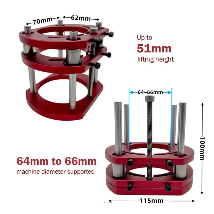 Router Lift, Aluminum Alloy Router Lift System with Stainless Steel Rod, 4 Jaw Clamping, Router Lift Base for 64 to 66mm Diameter Motors Jectse