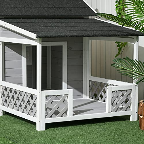 PawHut Wooden Dog House Outdoor with Porch, Cabin Style Raised Dog Shelter with Asphalt Roof, Doors, and Shutter Window, for Medium Large Sized Dog, PawHut