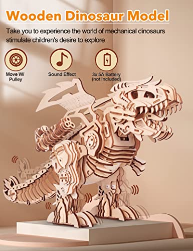 MIEBELY 3D Wooden T-Rex Puzzle Kit with Roaring Sound and Motion for Adults and Kids MIEBELY