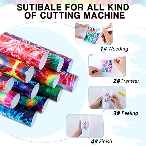Tintnut Tie Dye Permanent Vinyl - 12 Sheets 12"x10", Seamless Colorful Adhesive Vinyl, Swirl Pattern Self Sticker Waterproof Vinyl Compatible with Tintnut