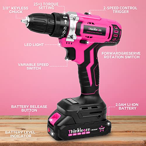 Pink Cordless Drill Set, 20V Lithium-ion Power Drill Set for Women with 67Pcs Drill Driver Bits, 3/8"Keyless Chuck, 25+1 Position Electric Drill, ThinkLearn