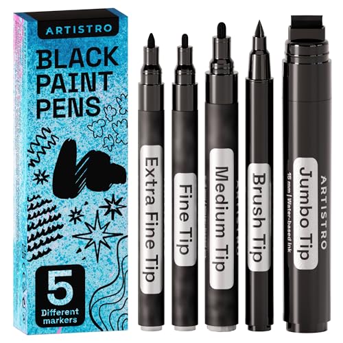 ARTISTRO 5 Black Markers Different Tips - Acrylic Markers with 15mm Jumbo,  0.7mm Extra Fine Tip, 1mm Fine Tip, 3mm Medium, Brush tip for Murals