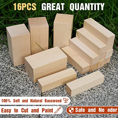 Basswood Carving Blocks, 16PCS Whittling Wood Blocks Wood Carving Kit with 2 Different Sizes, Bass Wood for Wood Carving Easy to Use, for Kids and K KERNOWO